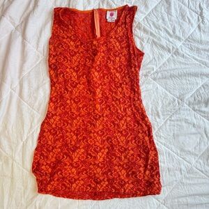 Orange Lace See Through Mini Sleeveless Dress